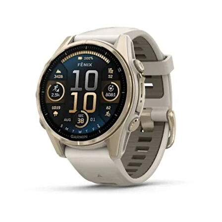 Garmin Fenix 8 - 43 mm, AMOLED - Sapphire, Soft Gold ve Gri/Kum Taşı Silikon Kayışlı