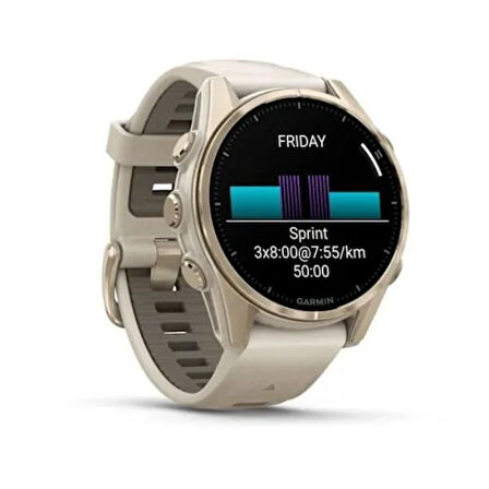 Garmin Fenix 8 - 43 mm, AMOLED - Sapphire, Soft Gold ve Gri/Kum Taşı Silikon Kayışlı