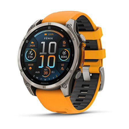  Garmin Fenix 8 – 47mm AMOLED Sapphire Titanyum Turuncu/Grafit Silikon Kayışlı