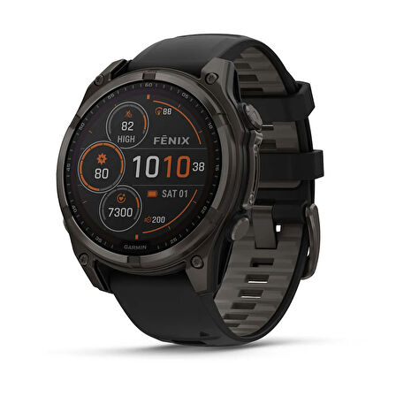 fenix 8 - 47 mm, Solar, Sapphire - Karbon Gri DLC Titanyum, Siyah/Gri Silikon Kayışlı