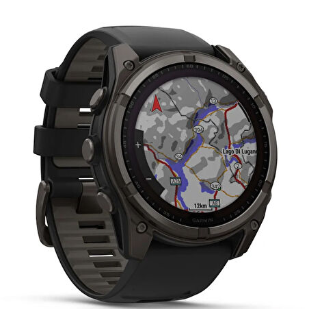 Garmin Fenix 8 – 51 mm Solar Sapphire Karbon gri DLC titanyum ve Siyah/çakıl grisi silikon kayış