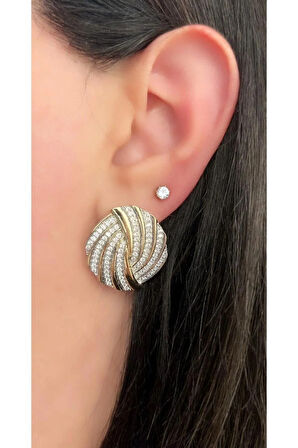 Zirkon Taşlı Gold Detaylı Küpe