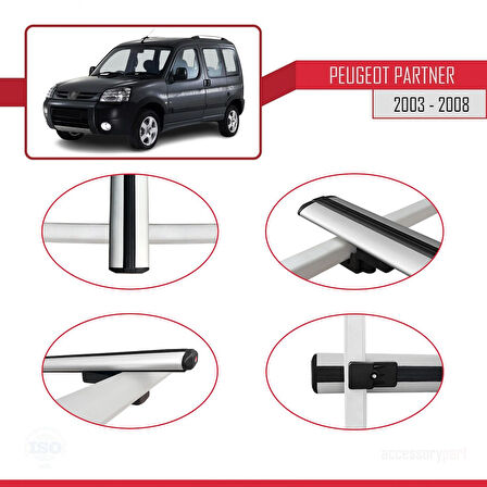Peugeot Partner Post-Facelift 2003-2008 Arası ile Uyumlu BASIC Model Ara Atkı Tavan Barı Gri 2 Adet