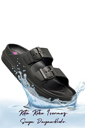 Sermoda Çift Toka Hafif Eva Yazlık Plaj Terliği Havuz Terliği Lavabo Terliği Siyah