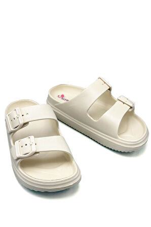 Sermoda Çift Toka Hafif Eva Yazlık Plaj Terliği Havuz Terliği Lavabo Terliği Ekru