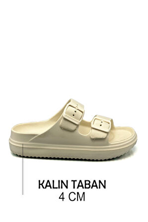 Sermoda Çift Toka Hafif Eva Yazlık Plaj Terliği Havuz Terliği Lavabo Terliği Ekru