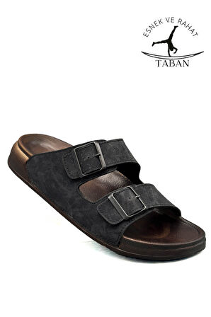 Sermoda Çift Toka Ayarlanabilir Genişlik Esnek Rahat Deri Erkek Terlik 25103 Siyah