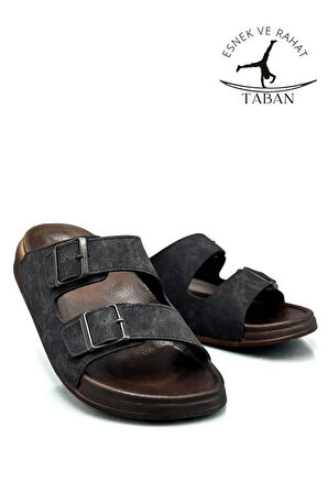 Sermoda Çift Toka Ayarlanabilir Genişlik Esnek Rahat Deri Erkek Terlik 25103 Siyah