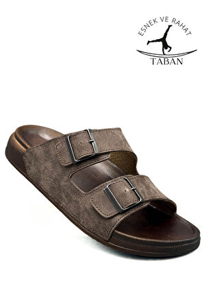 Sermoda Çift Toka Ayarlanabilir Genişlik Esnek Rahat Deri Erkek Terlik 25103 Kahve