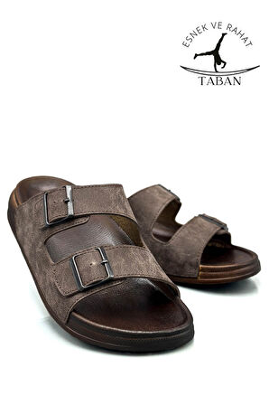 Sermoda Çift Toka Ayarlanabilir Genişlik Esnek Rahat Deri Erkek Terlik 25103 Kahve