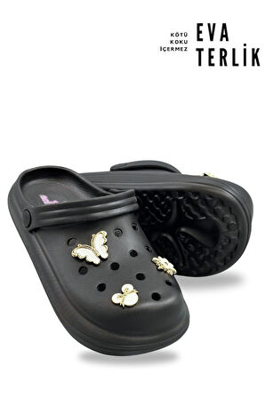 Sermoda Aksesuarlı 4 cm Kalın Taban Kadın sabo Terlik Hastane Terliği 1009 Siyah