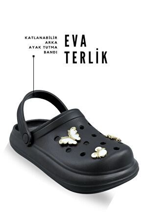 Sermoda Aksesuarlı 4 cm Kalın Taban Kadın sabo Terlik Hastane Terliği 1009 Siyah