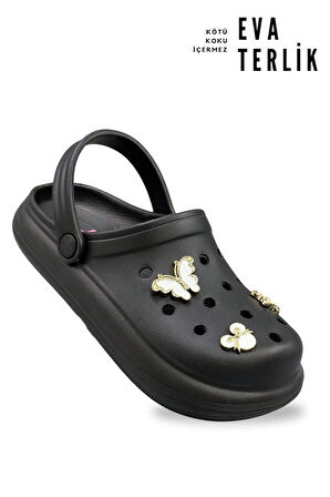 Sermoda Aksesuarlı 4 cm Kalın Taban Kadın sabo Terlik Hastane Terliği 1009 Siyah