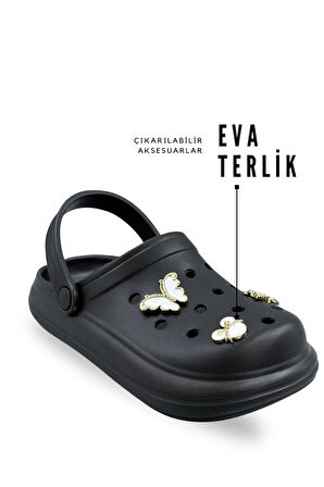 Sermoda Aksesuarlı 4 cm Kalın Taban Kadın sabo Terlik Hastane Terliği 1009 Siyah