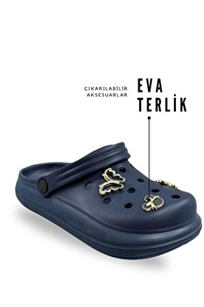 Sermoda Aksesuarlı 4 cm Kalın Taban Kadın sabo Terlik Hastane Terliği 1014 Lacivert