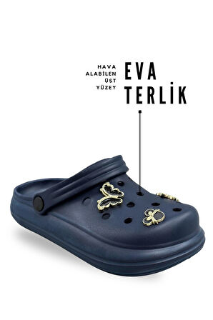 Sermoda Aksesuarlı 4 cm Kalın Taban Kadın sabo Terlik Hastane Terliği 1014 Lacivert