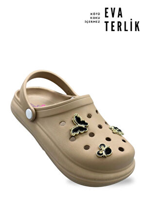 Sermoda Aksesuarlı 4 cm Kalın Taban Kadın sabo Terlik Hastane Terliği 1019 Vizon