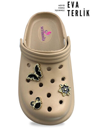 Sermoda Aksesuarlı 4 cm Kalın Taban Kadın sabo Terlik Hastane Terliği 1019 Vizon