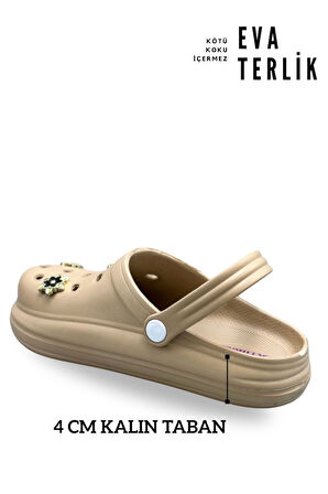 Sermoda Aksesuarlı 4 cm Kalın Taban Kadın sabo Terlik Hastane Terliği 1019 Vizon