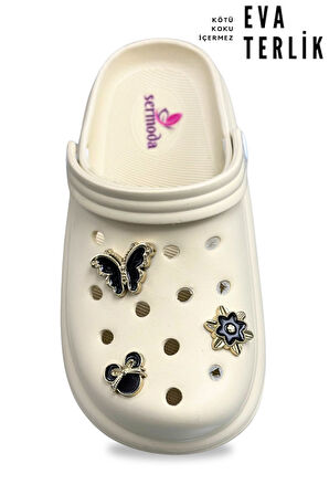 Sermoda Aksesuarlı 4 cm Kalın Taban Kadın sabo Terlik Hastane Terliği 1024 Bej