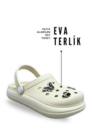 Sermoda Aksesuarlı 4 cm Kalın Taban Kadın sabo Terlik Hastane Terliği 1024 Bej