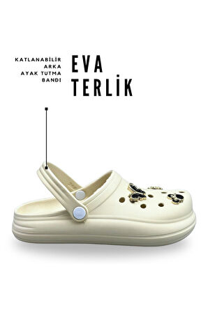 Sermoda Aksesuarlı 4 cm Kalın Taban Kadın sabo Terlik Hastane Terliği 1024 Bej