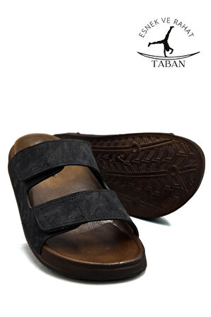 Sermoda Çift Toka Ayarlanabilir Genişlik Esnek Rahat Deri Erkek Terlik 25103 C Siyah