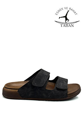 Sermoda Çift Toka Ayarlanabilir Genişlik Esnek Rahat Deri Erkek Terlik 25103 C Siyah