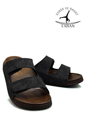 Sermoda Çift Toka Ayarlanabilir Genişlik Esnek Rahat Deri Erkek Terlik 25103 C Siyah