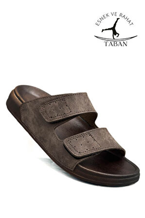 Sermoda Çift Toka Ayarlanabilir Genişlik Esnek Rahat Deri Erkek Terlik 25103 C Kahve