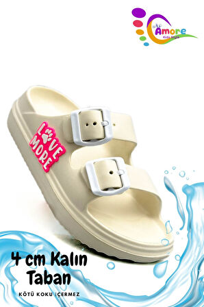 Sermoda Çift Toka Hafif Eva Yazlık Plaj Çocuk Terliği Havuz Terliği Lavabo Terliği LM Ekru