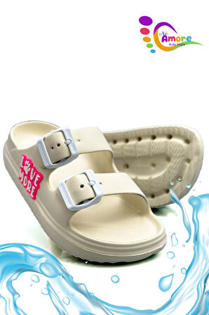 Sermoda Çift Toka Hafif Eva Yazlık Plaj Çocuk Terliği Havuz Terliği Lavabo Terliği LM Ekru