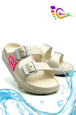 Sermoda Çift Toka Hafif Eva Yazlık Plaj Çocuk Terliği Havuz Terliği Lavabo Terliği LM Ekru