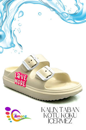 Sermoda Çift Toka Hafif Eva Yazlık Plaj Çocuk Terliği Havuz Terliği Lavabo Terliği LM Ekru