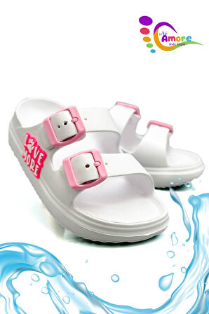 Sermoda Çift Toka Hafif Eva Yazlık Plaj Çocuk Terliği Havuz Terliği Lavabo Terliği LM Beyaz