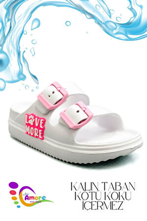 Sermoda Çift Toka Hafif Eva Yazlık Plaj Çocuk Terliği Havuz Terliği Lavabo Terliği LM Beyaz