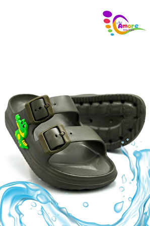 Sermoda Çift Toka Hafif Eva Yazlık Plaj Çocuk Terliği Havuz Terliği Lavabo Terliği T Haki