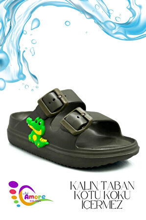 Sermoda Çift Toka Hafif Eva Yazlık Plaj Çocuk Terliği Havuz Terliği Lavabo Terliği T Haki