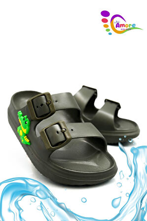 Sermoda Çift Toka Hafif Eva Yazlık Plaj Çocuk Terliği Havuz Terliği Lavabo Terliği T Haki