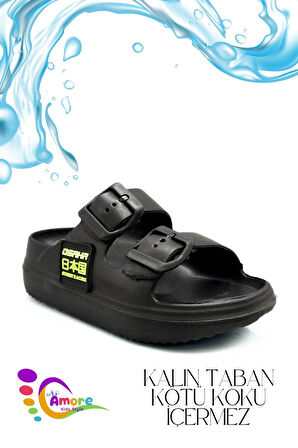 Sermoda Çift Toka Hafif Eva Yazlık Plaj Çocuk Terliği Havuz Terliği Lavabo Terliği OS Siyah