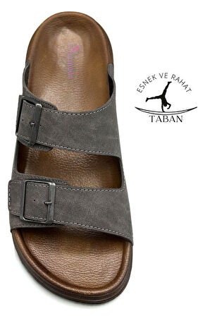 Sermoda Çift Toka Ayarlanabilir Genişlik Esnek Rahat Deri Erkek Terlik 25103 Gri