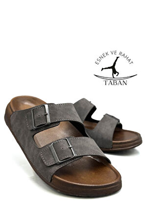 Sermoda Çift Toka Ayarlanabilir Genişlik Esnek Rahat Deri Erkek Terlik 25103 Gri