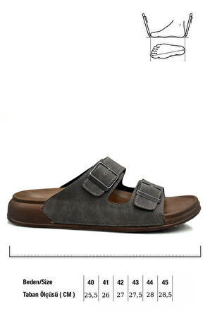 Sermoda Çift Toka Ayarlanabilir Genişlik Esnek Rahat Deri Erkek Terlik 25103 Gri