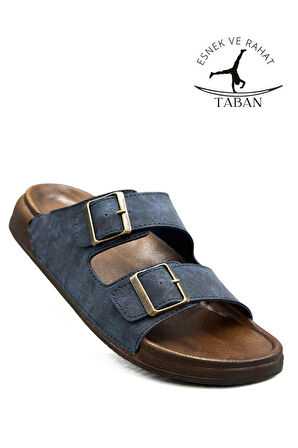 Sermoda Çift Toka Ayarlanabilir Genişlik Esnek Rahat Deri Erkek Terlik 25103 Lacivert
