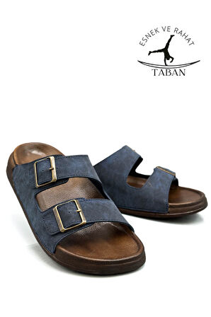 Sermoda Çift Toka Ayarlanabilir Genişlik Esnek Rahat Deri Erkek Terlik 25103 Lacivert