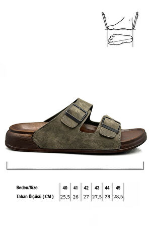 Sermoda Çift Toka Ayarlanabilir Genişlik Esnek Rahat Deri Erkek Terlik 25103 Haki