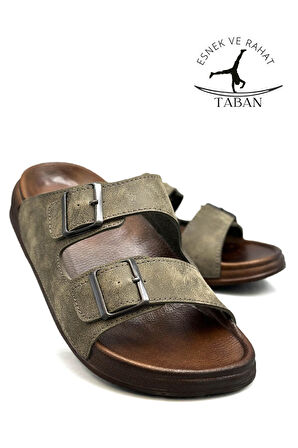 Sermoda Çift Toka Ayarlanabilir Genişlik Esnek Rahat Deri Erkek Terlik 25103 Haki