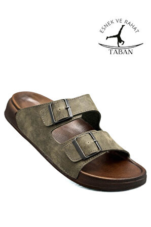 Sermoda Çift Toka Ayarlanabilir Genişlik Esnek Rahat Deri Erkek Terlik 25103 Haki