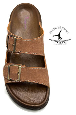 Sermoda Çift Toka Ayarlanabilir Genişlik Esnek Rahat Deri Erkek Terlik 25103 Taba