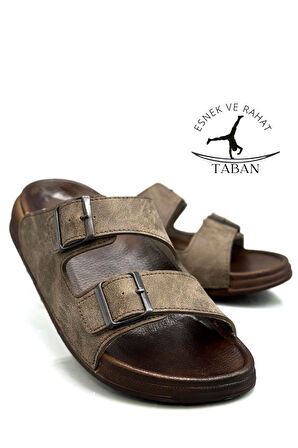 Sermoda Çift Toka Ayarlanabilir Genişlik Esnek Rahat Deri Erkek Terlik 25103 Vizon